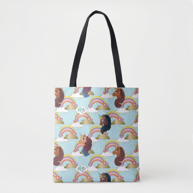 Afro Unicorn Rainbow and Hearts Pattern Tote Bag (Front)