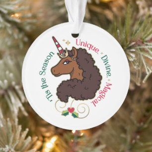 Afro Unicorn 'Tis the Season Holiday Unicorn Ornament