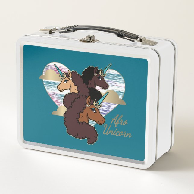 Afro Unicorn Trio Heart Design Metal Lunch Box (Front)