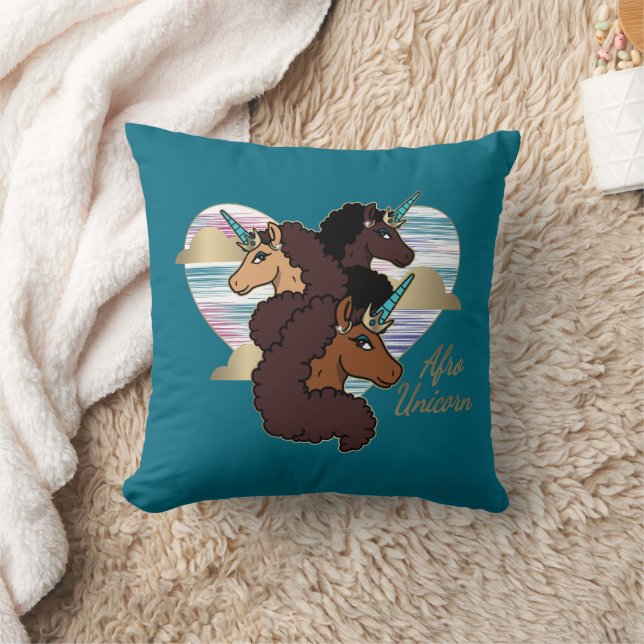 Afro Unicorn Trio Heart Design Throw Pillow (Blanket)