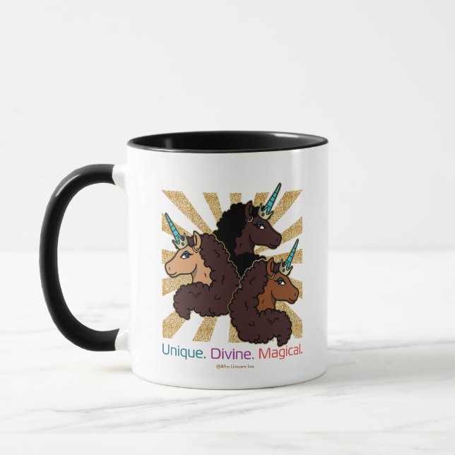 Afro Unicorn Trio: Unique, Divine, and Magical Mug (Left)