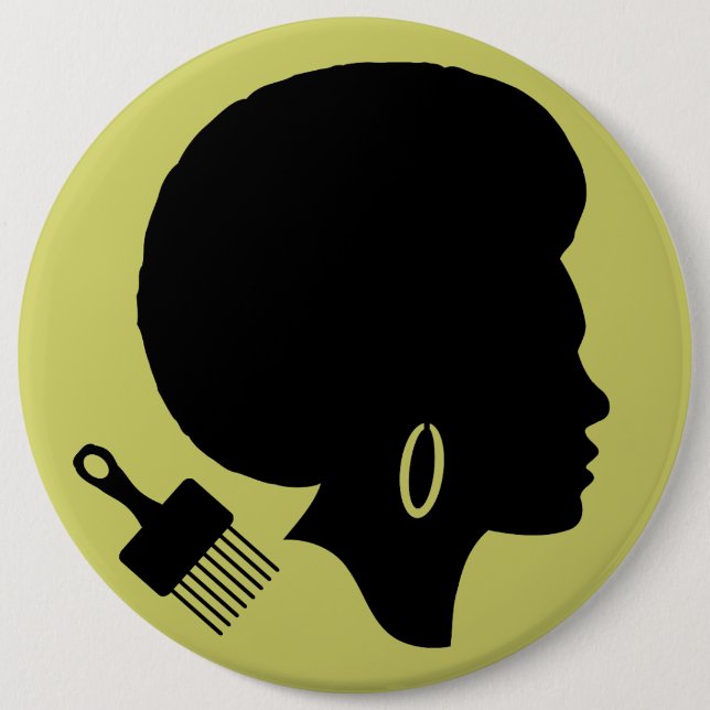 AFRO WOMAN WITH AFRO PICK 6 INCH ROUND BUTTON (Front)