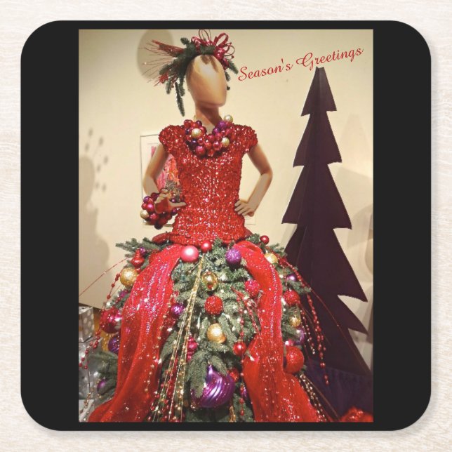 Afrocentric Dress Form Mannequin Christmas Tree Square Paper Coaster (Front)
