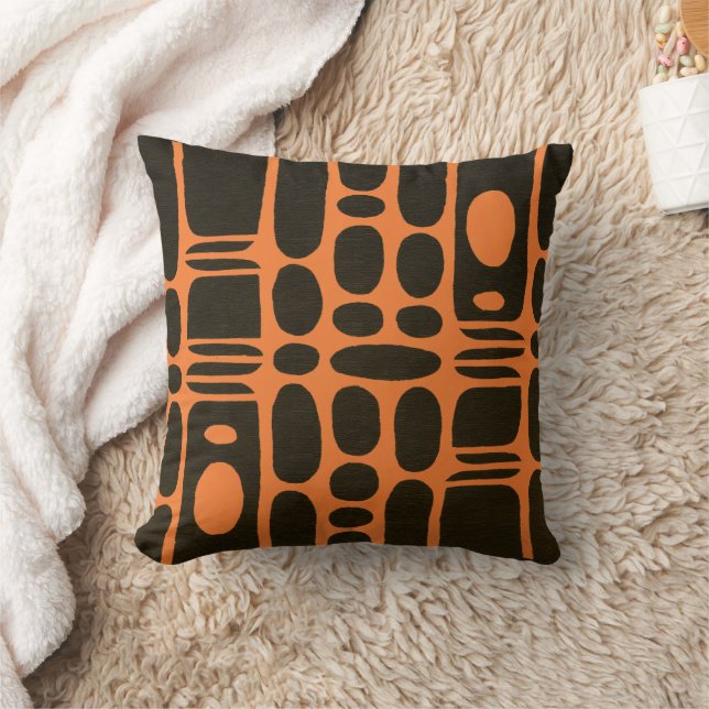 Afrocentric Geometric Brown & Chrome Orange Throw Pillow (Blanket)