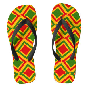 Afrocentric Red Green Yellow Geometric Pattern Flip Flops