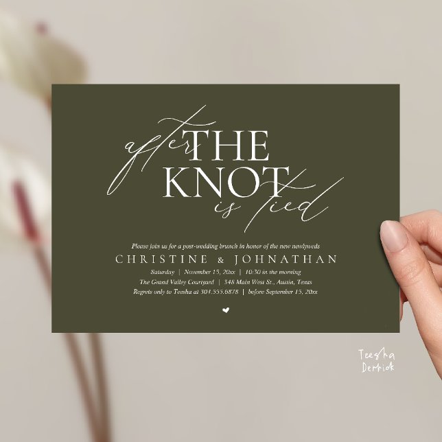 After The Knot Tied, Post Wedding Elopement Brunch Invitation (After The Knot Tied, Post Wedding Elopement Brunch Invitation card contemporary clean olive green)