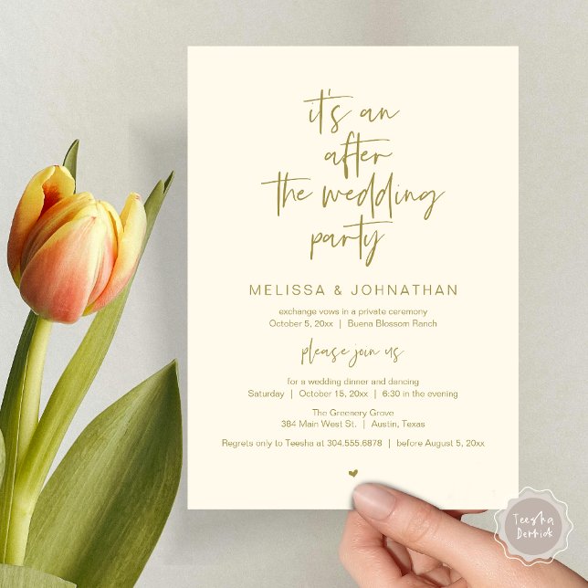 After the wedding, Black, Elopement Party Invitation (It's an after the wedding, Elopement dinner dancing brunch Party Invitation Card PDF Yellow Gold)