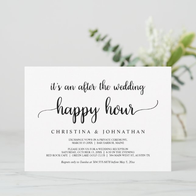 After the wedding Happy Hour, Rustic Elopement Invitation (Standing Front)