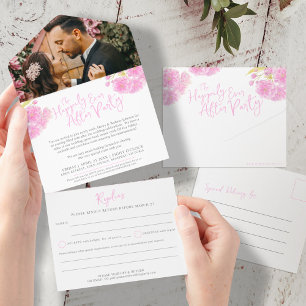 After wedding party photo pink spring blossom all in one invitation