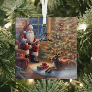 After work - Santa Claus and his reindeer Glass Ornament