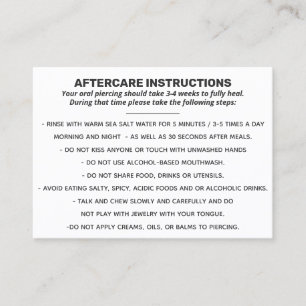 Aftercare for Lip, Tongue and Cheek Piercing  Busi Business Card