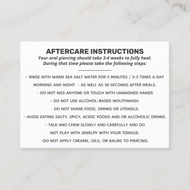 Aftercare for Lip, Tongue and Cheek Piercing  Busi Business Card (Front)