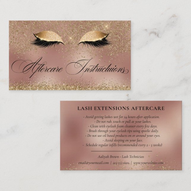 Aftercare Instruction Luxury Gold Copper Lash Care Business Card (Front/Back)
