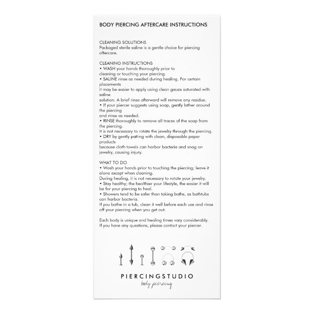 Aftercare Instructions Body Piercing Clear Rack Card (Front)