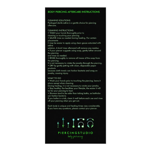 Aftercare Instructions Body Piercing Rack Card (Front)