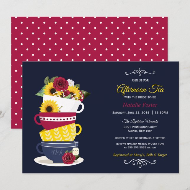 Afternoon Tea Bridal Shower Navy Roses Sunflowers Invitation (Front/Back)
