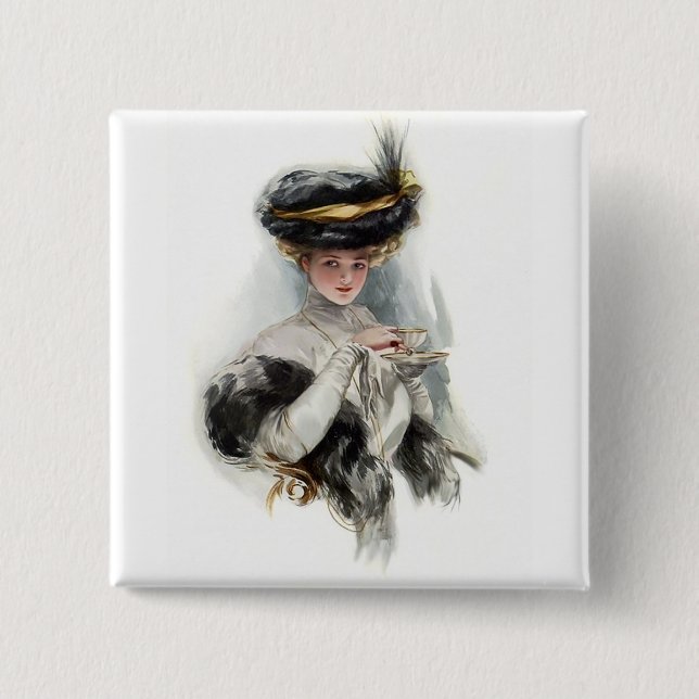 Afternoon Tea Lady 2 Inch Square Button (Front)