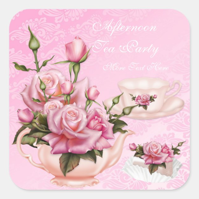 Afternoon Tea Party Pink Peach Rose Floral Teapot Square Sticker (Front)