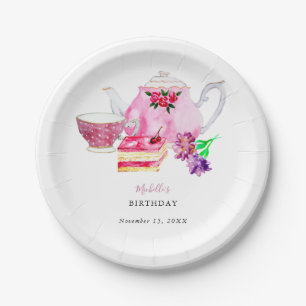 Afternoon Tea Party Script Elegant Pink Birthday  Paper Plate