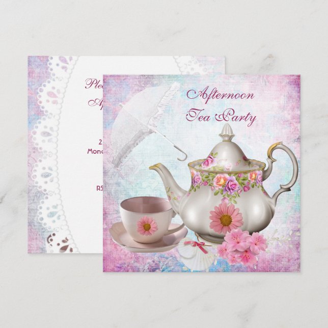 Afternoon Tea Party umbrella Pink Floral Teapot Invitation (Front/Back)