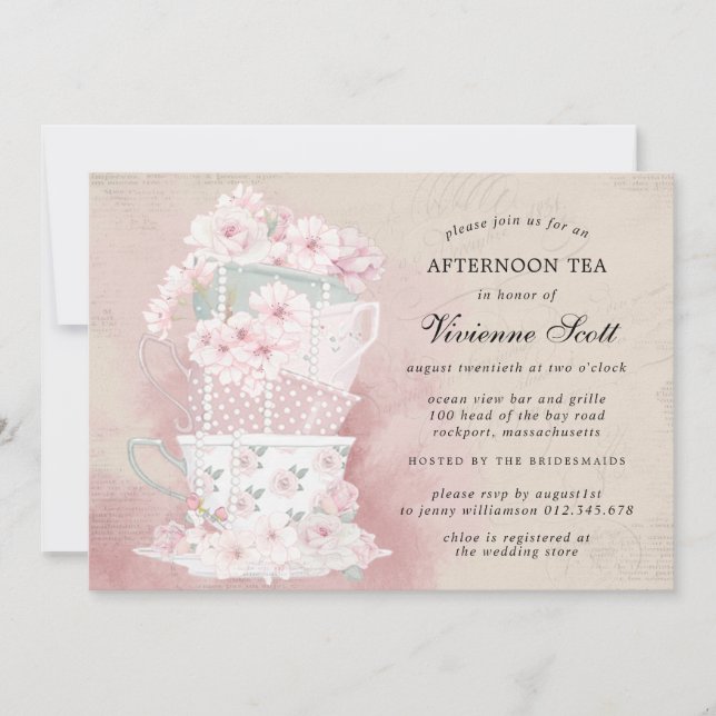 Afternoon Tea Teacups Vintage Bridal Shower Invitation (Front)