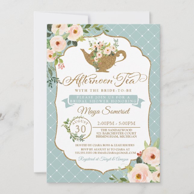 Afternoon Tea Turquoise Blue Floral Bridal Shower Invitation (Front)