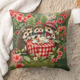 Afternoon Tea with Hedgehogs in Country Garden Throw Pillow
