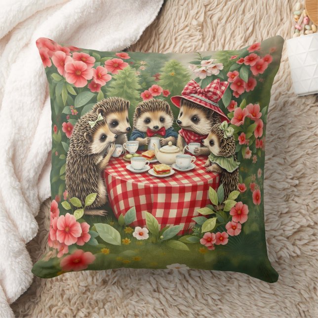 Afternoon Tea with Hedgehogs in Country Garden Throw Pillow (Blanket)