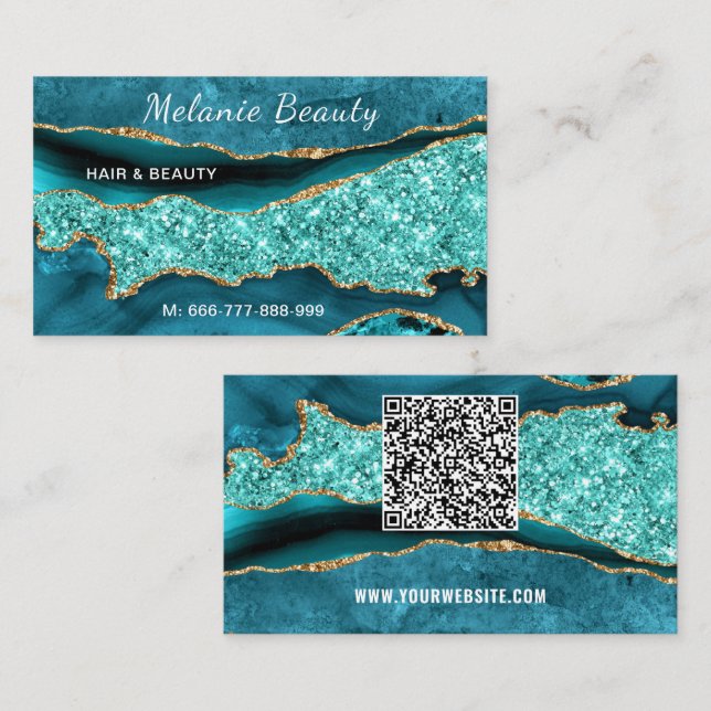 Agate Aqua Blue Turquoise QR Code Business Card (Front/Back)