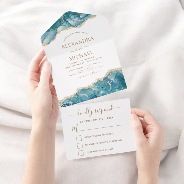 Agate Aqua Turquoise Blue Gold Wedding RSVP All In One Invitation (Creator Uploaded)