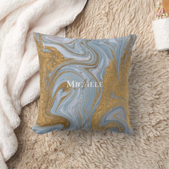 Agate Baby Blue Gold Marble Custom Name Letter  Throw Pillow (Blanket)