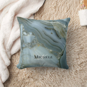 Agate Baby Blue Gold Marble Custom Name Letter  Throw Pillow