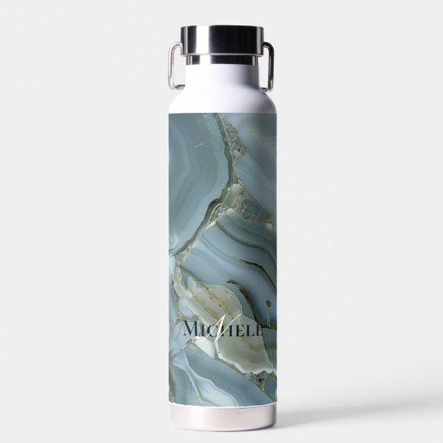 Agate Baby Blue Gold Marble Custom Name Letter  Water Bottle (Front)