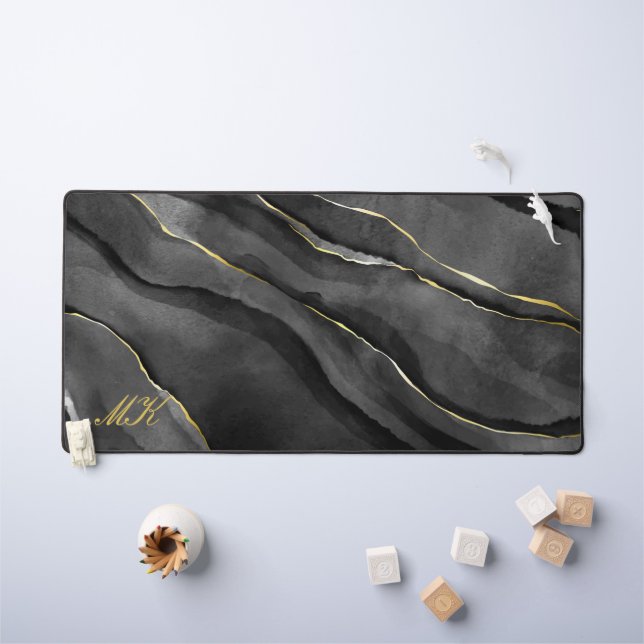 Agate Black and Gold Marble Custom Name Letter  Desk Mat (Kids Table)