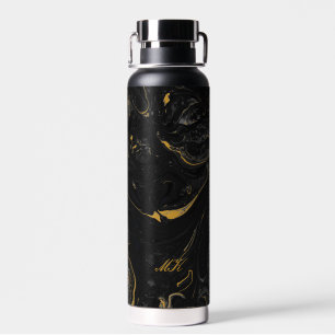 Agate Black and Gold Marble Custom Name Letter  Water Bottle
