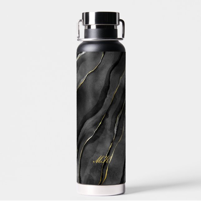 Agate Black and Gold Marble Custom Name Letter  Water Bottle (Back)