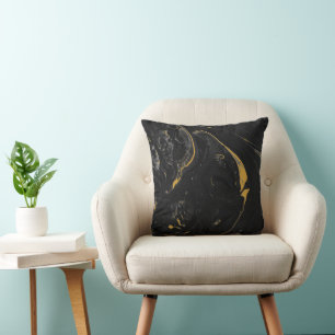 Agate Black and Gold Marble Swirl Throw Pillow