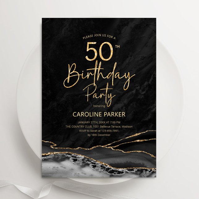 Agate Black Gold 50th Birthday Invitation (Creator Uploaded)