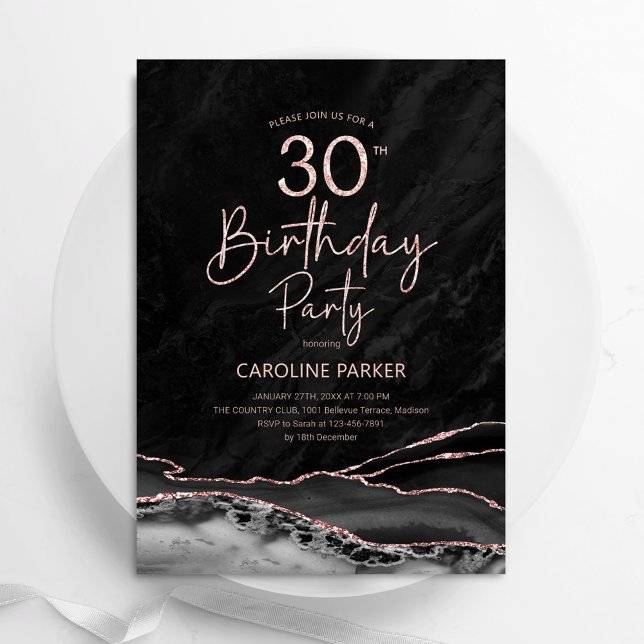 Agate Black Rose Gold 30th Birthday Invitation (Creator Uploaded)
