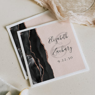 Agate Black Rose Gold Blush Pink Script Wedding Napkin