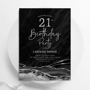 Agate Black Silver 21st Birthday Invitation