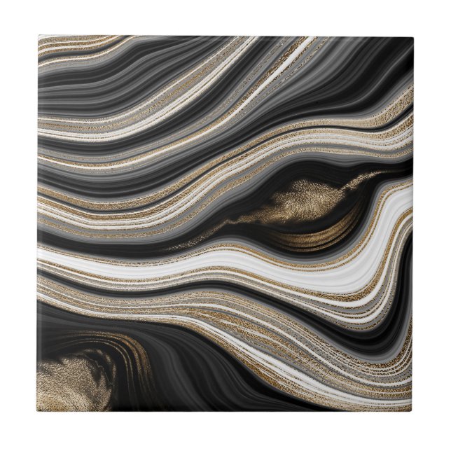 Agate Black white and gold fluid marble modern Tile (Front)