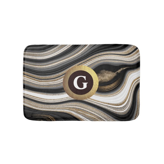 Agate black white and gold fluid monogram bath mat (Front)