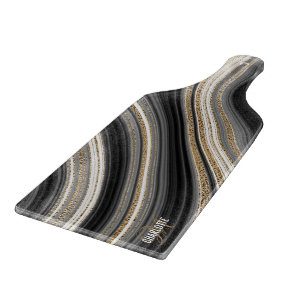 Agate Black white and gold fluid monogram name Cutting Board