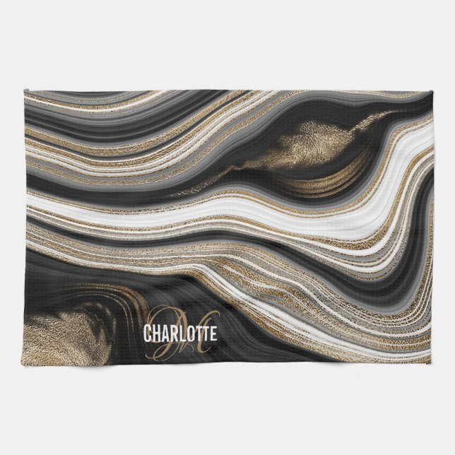 Agate Black white and gold fluid monogram name Kitchen Towel (Horizontal)