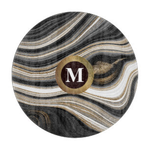 Agate Black White And Gold with Any Monogram Cutting Board