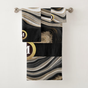 Agate black white gold monogram Bath Towel Set