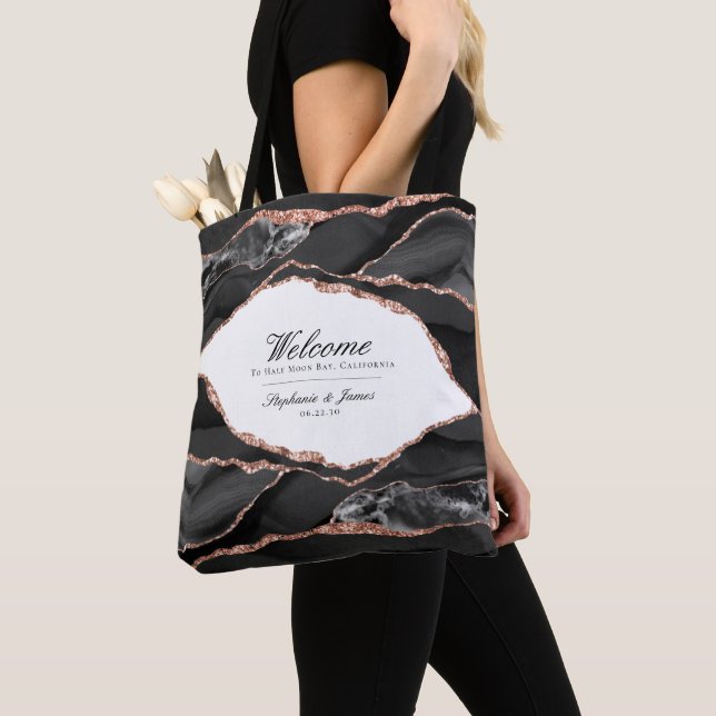 Agate Black White Rose Gold Foil Wedding Welcome Tote Bag (Close Up)