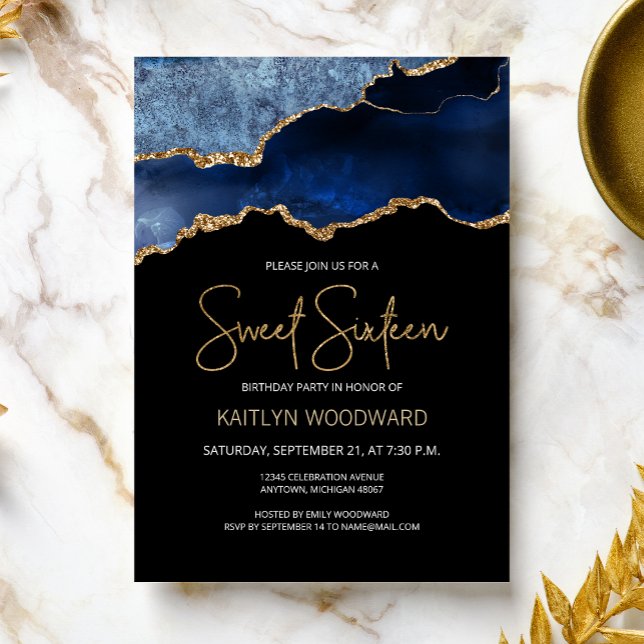 Agate Blue Gold Dark Sweet 16 Birthday Party Invitation (Creator Uploaded)