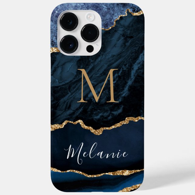 Agate Blue Gold Glitter Marble Custom Name Letter Case-Mate iPhone Case (Back)